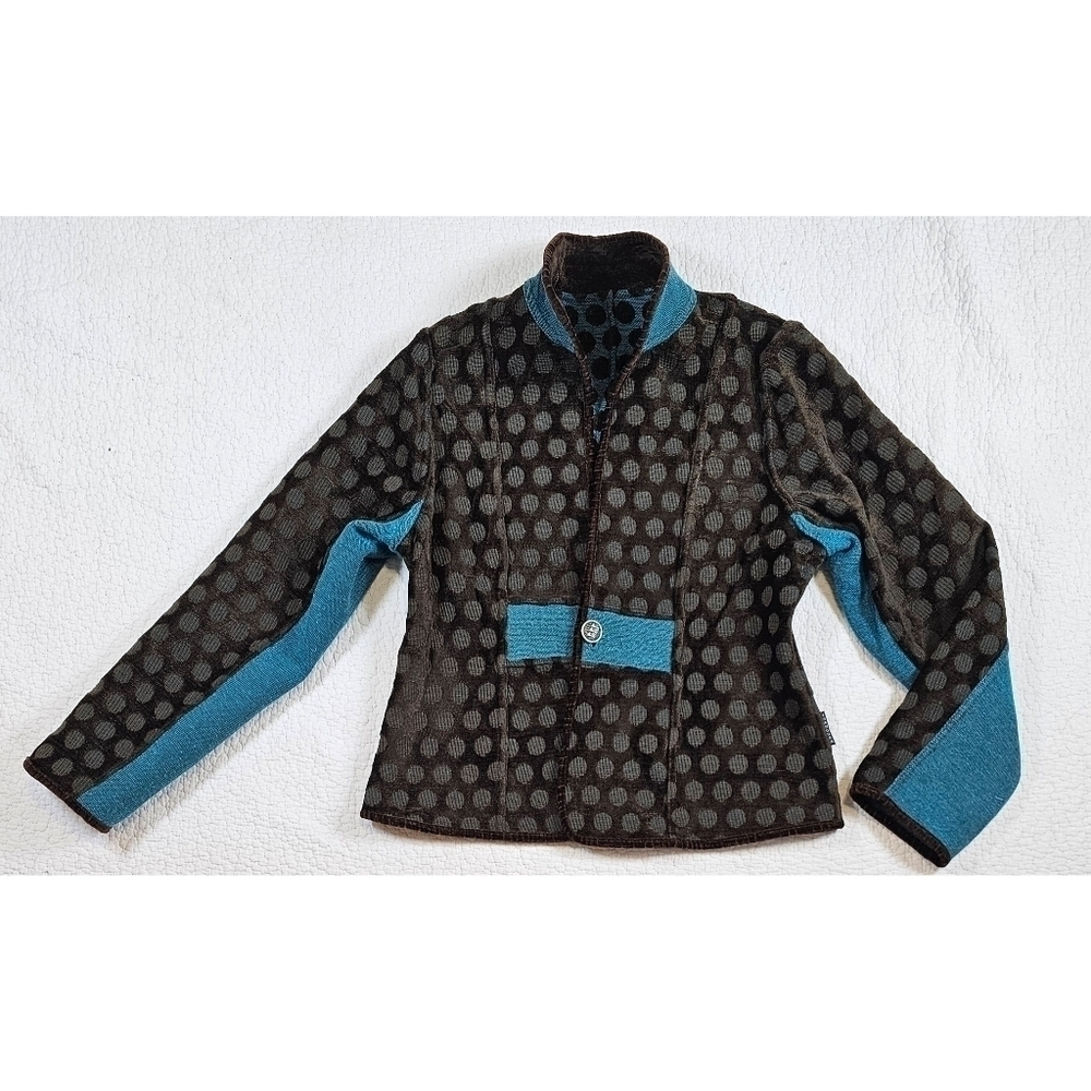 Khangura Reversible Tapestry Brown and Blue Polka Dot Blazer Jacket - Picture 2 of 11